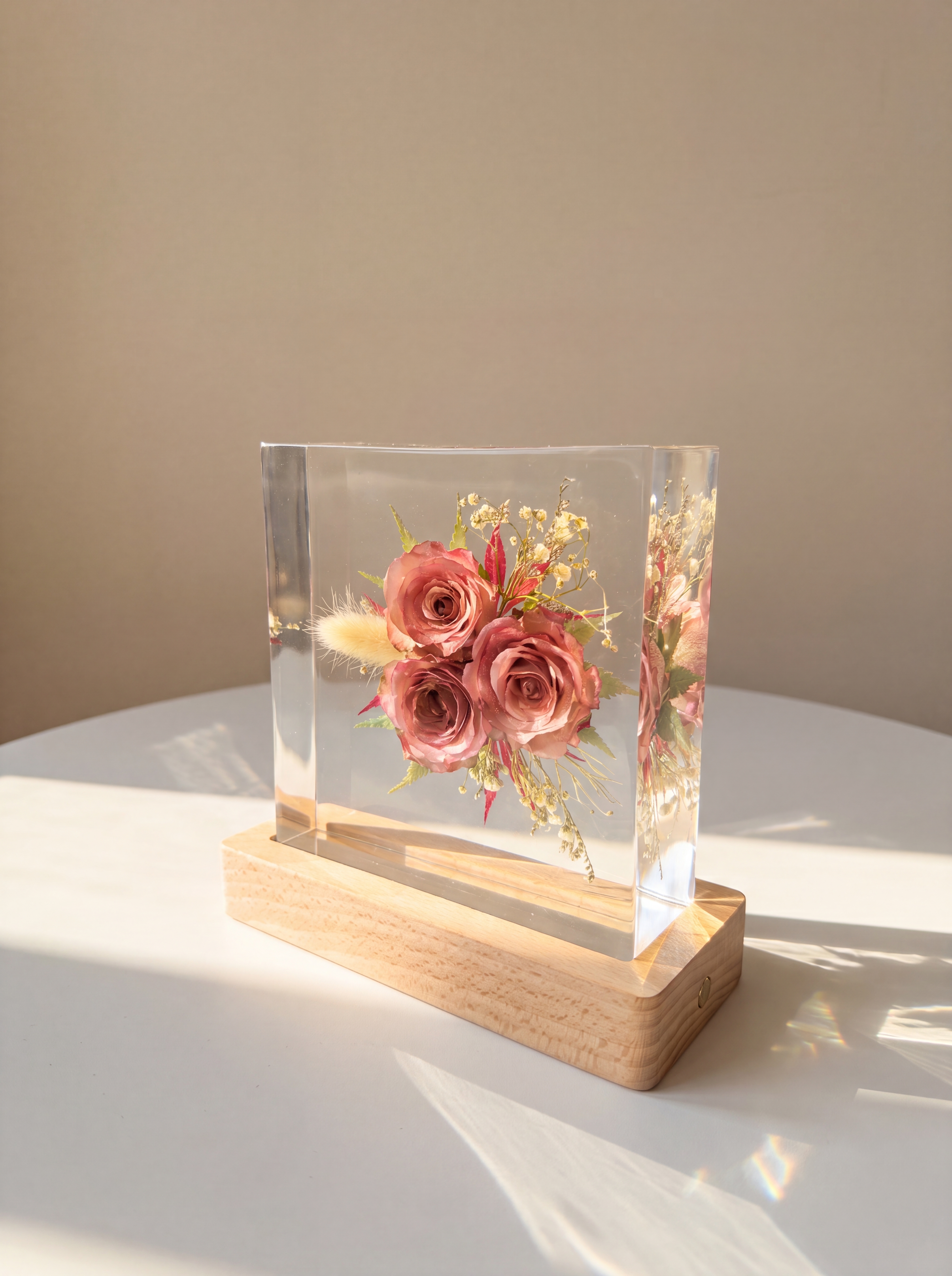 产品为正方形树脂干花摆件，包含正方形透明树脂块和原木底座，干花… - 图片创意预览