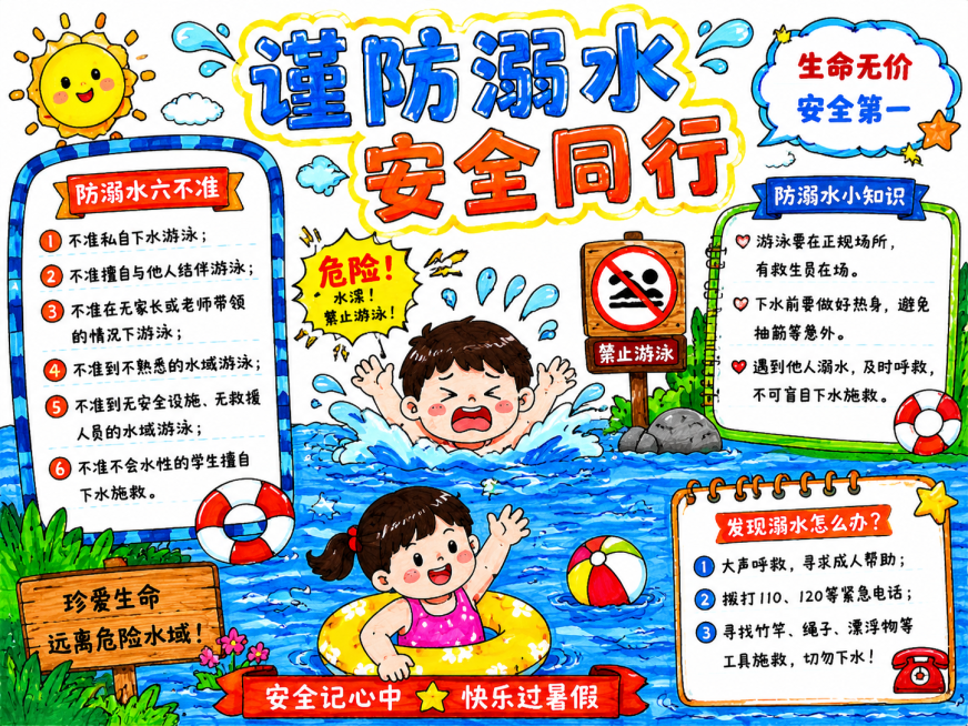 少儿防溺水宣传手抄报，A4横版，马克笔手绘风格，高饱和度色彩对比，主标题为"谨防溺水 安全同行"，包含六不准安全条款文字区域，搭配卡通游泳场景插画，排版活泼内容丰富预览效果