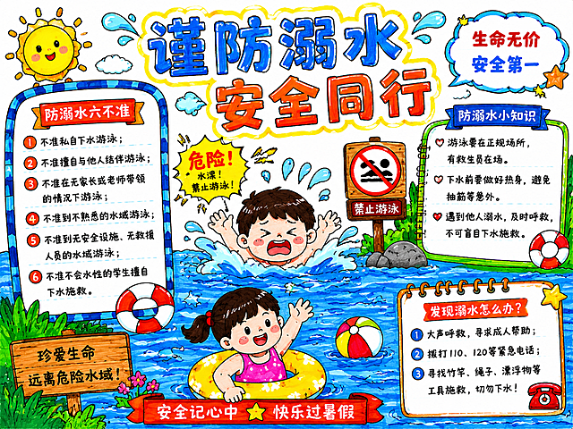 少儿防溺水宣传手抄报，A4横版，马克笔手绘风格，高饱和度色彩对比，主标题为"谨防溺水 安全同行"，包含六不准安全条款文字区域，搭配卡通游泳场景插画，排版活泼内容丰富