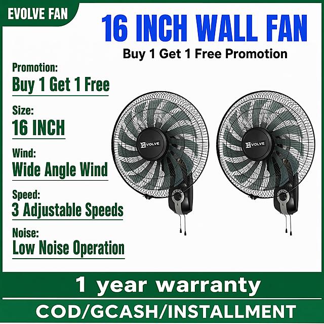 [单张主图] 16 inch wall fan，爆款促销感主图，复刻参考图的版式和配色风格，修改底部通栏文案。
[参考比对] 参考图使用左上品牌角标、顶部大标题、左侧卖点列表、产品右侧展示、底部绿色信息通栏的版式，配色使用绿色和白色搭配，蓝色作为标题强调色，生成时完全遵循该版式结构和配色方案。
[画面主体] 两个16英寸壁挂风扇居中偏右展示，保持产品外观（物理结构、材质质感、颜色、EVOLVE品牌Logo）与输入产品图绝对一致，杜绝任何变形和色差，精细化处理。商品主体占画面约55%，完整清晰不裁切。
[构图版式] 左文右品标签参数型，参考图版式：左上角绿色弧形品牌角标，顶部蓝色超大主标题，黑色副标题，左侧竖向排列卖点参数列表，右侧放置风扇产品主体，底部绿色通栏放置促销和服务信息。
[场景元素] 纯白色背景，干净清爽，信息分区清晰。左侧卖点区域使用绿色文字，与参考图保持一致的排版。
[文案版式] 左上角绿色弧形角标放"EVOLVE FAN"，顶部主标题为蓝色大字"16 INCH WALL FAN"，副标题黑色小字"Buy 1 Get 1 Free Promotion"；左侧列表依次为：
1.  Promotion: 大字绿色 "Buy 1 Get 1 Free"
2.  Size: 大字绿色 "16 INCH"
3.  Wind: 大字绿色 "Wide Angle Wind"
4.  Speed: 大字绿色 "3 Adjustable Speeds"
5.  Noise: 大字绿色 "Low Noise Operation"
底部绿色通栏分为两段，上段白色大字"1 year warranty"，下段白色小字"COD/GCASH/INSTALLMENT"
所有文字清晰可辨，文字不遮挡产品主体，字色与背景对比强烈。
[光影质感] 主光正面均匀打光，清晰突出产品细节，辅光侧面补光消除阴影，产品边缘轮廓清晰，整体商业摄影质感，通透干净，产品真实清晰。
[配色字体] 主色调白色背景，绿色作为卖点文字和底部通栏，蓝色作为主标题强调色，黑色作为副标题，配色和参考图完全一致。字体使用粗体无衬线字体，主标题字号最大，卖点大字次之，说明文字最小，对比清晰。
[比例分辨率] 1:1比例，2048×2048像素，文字清晰可辨，超高清商业摄影质感。
[负向提示词] 变形，文字错乱，产品图模糊，背景杂乱，水印，电商平台Logo，遮挡主体，色差，伪Logo，错字糊字