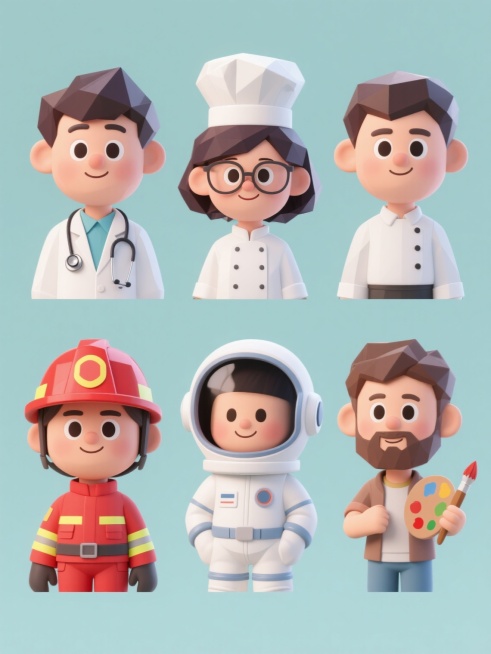6个不同职业的3D卡通风格人物头像集合，每个头像保持圆润可爱的面部特征、明亮有神的大眼睛、自然的微笑表情和蓬松的深色短发，分别穿着对应职业的典型服饰（如医生的白大褂与听诊器、厨师的白色厨师服与高帽、消防员的红色消防服与头盔、教师的知性衬衫与眼镜、宇航员的白色宇航服与头盔、艺术家的休闲服饰与画笔），统一采用柔和的纯色背景，整体呈现低多边形3D建模的光滑质感、明快的色彩搭配和温暖的光影效果，所有头……预览效果