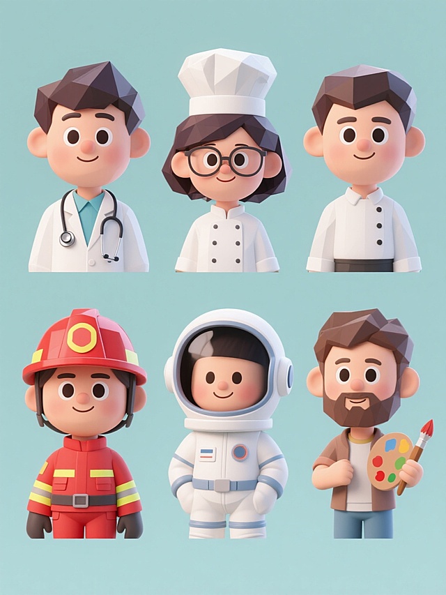 6个不同职业的3D卡通风格人物头像集合，每个头像保持圆润可爱的面部特征、明亮有神的大眼睛、自然的微笑表情和蓬松的深色短发，分别穿着对应职业的典型服饰（如医生的白大褂与听诊器、厨师的白色厨师服与高帽、消防员的红色消防服与头盔、教师的知性衬衫与眼镜、宇航员的白色宇航服与头盔、艺术家的休闲服饰与画笔），统一采用柔和的纯色背景，整体呈现低多边形3D建模的光滑质感、明快的色彩搭配和温暖的光影效果，所有头像规整排布成系列集合。