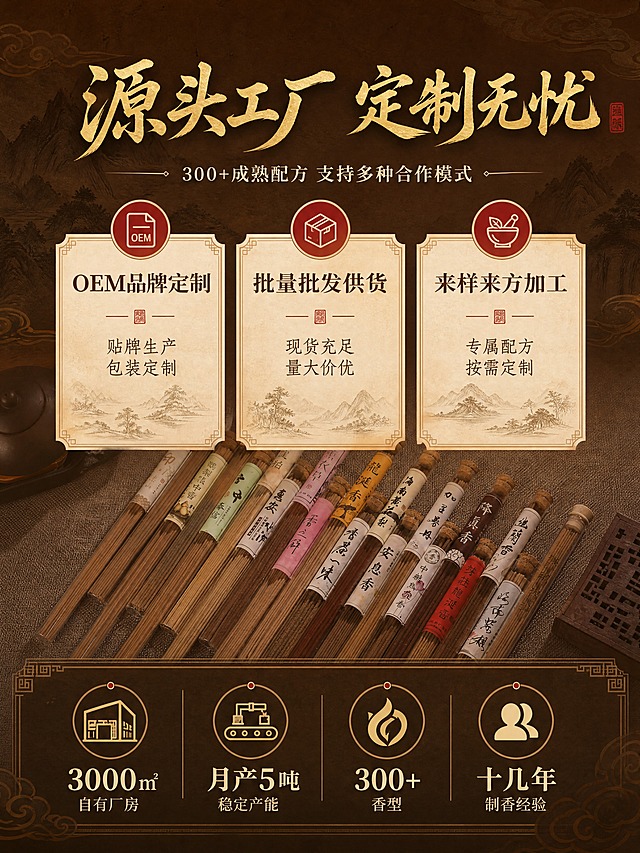 [商品] 使用【图3】多管线香全家福图；商品处理：保留产品阵列整体形态，适当缩小产品占比作为背景元素，突出工厂实力与定制服务信息，保留产品标签的色彩丰富度。
[画面] 目标：工厂实力与定制服务，体现源头工厂优势与合作模式。构图：上下布局，顶部标题占15%，中部三大服务模块占60%（OEM定制/批发供货/来样加工三栏并列），底部工厂实力数据栏占25%。阅读动线：从上到下，先看标题再看服务最后看实力数据。前中后景：前景半透明产品阵列做底纹，中景服务卡片+数据图标，后景深棕渐变底色配暗纹。
[视觉] 套系策略：风格=新中式禅意国风，雅致古朴高级感；标题字=宋体书法体，飘逸大气；正文字=简洁宋体/楷体，端正清雅；主色=深棕褐色（#5C3A21）；背景延展=基于深棕褐色做深浅渐变、同色系山水祥云暗纹、宣纸做旧质感；强调色=朱砂红（#B8352E），仅用于印章、标签点缀、重点字；标题色=米金色（#D4B87A）；正文色=浅米黄（#E8DCC0）；组件=中式服务卡片、数据图标、印章式标签、回纹边框；光影=暖调柔光，整体暖棕色调统一，信息层级清晰。
[文字] 顶部主标题"源头工厂 定制无忧"（8字，米金色），副标题"300+成熟配方 支持多种合作模式"（14字，浅米黄）；中部三栏服务：OEM品牌定制（贴牌生产 包装定制）、批量批发供货（现货充足 量大价优）、来样来方加工（专属配方 按需定制）；底部数据栏横排：3000㎡自有厂房、月产5吨、300+香型、十几年制香经验。文字全部横排。
[规格] 图片比例3:4竖版，4K，负向提示：避免文字模糊错字、冷蓝色调、现代极简风格、二维码、极限词。