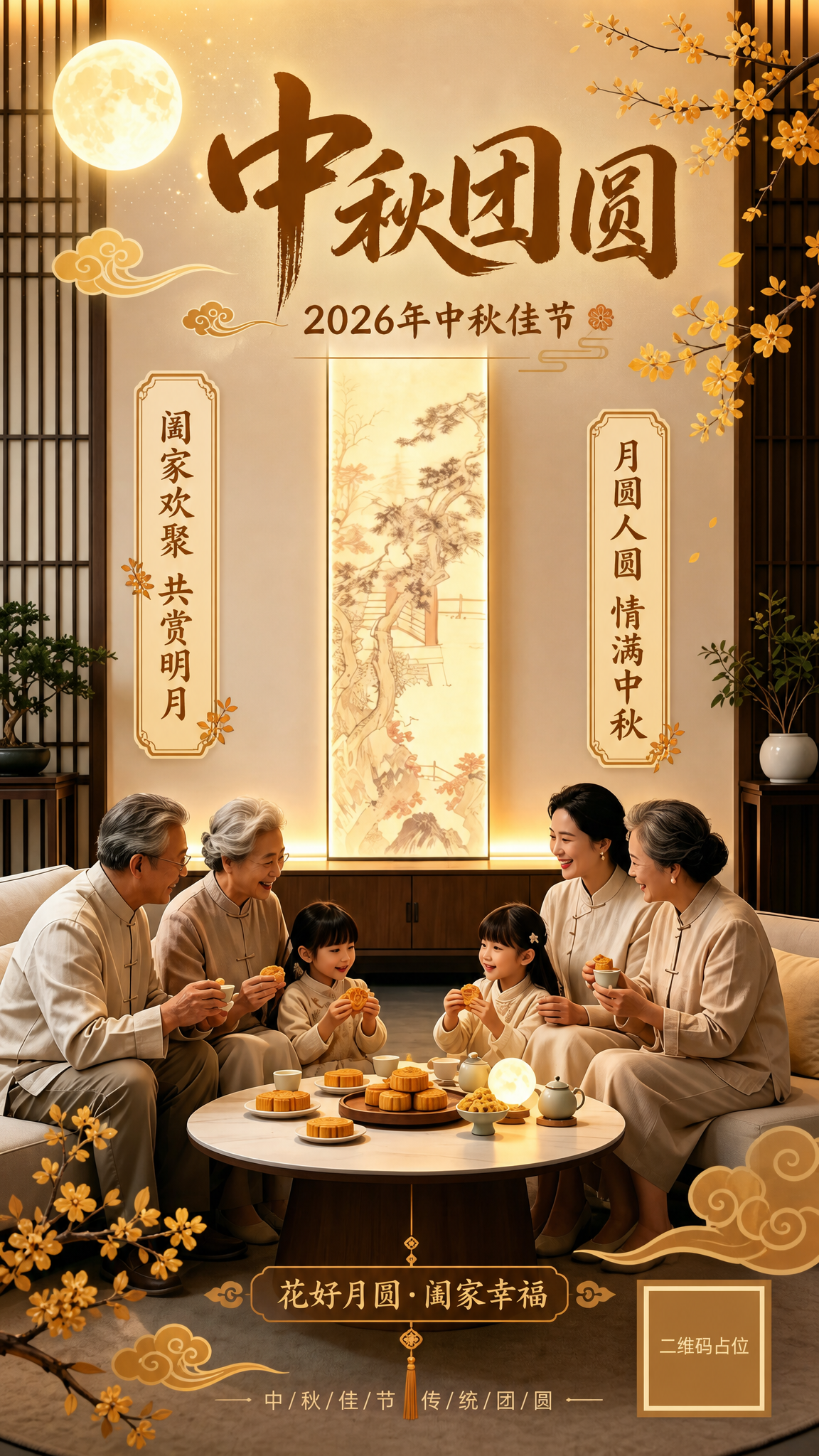 基于这张中秋家庭团圆的底图，制作一张中秋节海报。在画面上方空白… - 图片创意预览