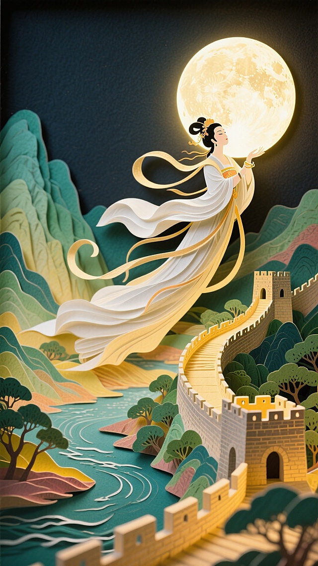 嫦娥飞天托月，周边是长城和山河，嫦娥占比小一点