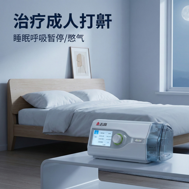 帮我生成5张不同的淘宝推广创意图，要求场景是睡眠环境、床边。主文案：治疗成人打鼾，副文案：睡眠呼吸暂停/憋气预览效果