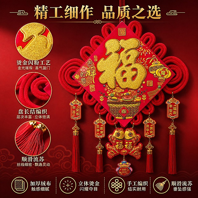 [主图-2] 金福字中国结挂件（吉祥如意 年年有余款）材质细节卖点图，展示产品工艺细节和核心卖点。
[统一基调] 喜庆中式风格，红金配色为主，温馨居家生活感，自然柔和午后光线，高级材质透视，字体采用大气宋体/黑体，标题字金色，辅助字深红色，整体专业品质感。
[画面] 产品主体位于画面中央，主体占比约70%，采用近距离平视角度，重点展示中间大金福字的烫金闪粉质感和红色绒布的细腻纹理。画面左侧有三个圆形放大特写小窗：上方小窗放大展示福字金色闪粉颗粒细节，中间小窗放大展示红色盘长结的编织纹理，下方小窗放大展示流苏的丝线质感。每个小窗下方配有简短说明文字。背景是渐变深红色到浅红色的纯色背景，底部有淡淡的祥云暗纹，突出产品本身。
[光影质感] 商业摄影质感，柔光从上方45度角打光，金色部分有明显光泽和颗粒感，红色绒布呈现柔软哑光质感，边缘清晰锐利，细节丰富，体现高品质做工。
[配色] 主色中国红+金色，背景深红渐变，文字金色+白色，整体统一红金喜庆色调。
[文字版式] 画面上方居中金色大标题"精工细作 品质之选"，下方四个卖点图标横向排列在产品下方：第一个图标是布料图案配文"加厚绒布 触感细腻"，第二个图标是金粉图案配文"立体烫金 闪耀夺目"，第三个图标是编织图案配文"手工编织 结实耐用"，第四个图标是流苏图案配文"顺滑流苏 垂坠感强"。图标采用金色线条风格，文字白色配金色描边。
[输出要求] 比例1:1，文字清晰可读，产品清晰完整，细节放大图准确，无变形、错字、模糊、杂乱、水印、平台Logo，禁止出现任何电商平台标识。