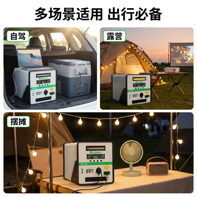 [主图 3] 便携式移动电源多场景使用展示，科技实用清新风。氛围风格：生活化场景展示，清新自然。画质：商业摄影质感，光线柔和通透，产品清晰真实，画面干净高级。元素：采用三宫格布局，分别展示电源在自驾车预览效果