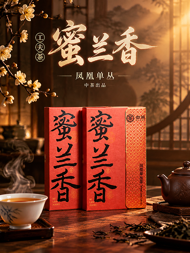 [主图-1] 首图点击率 蜜兰香凤凰单丛茶沉浸式氛围感竖版主图
[统一基调] 新中式国风沉浸式氛围感 暖棕红金配色 暖调柔光 高级质感 粗笔刷书法主标题 米白字配浅金描边 细宋体辅助文案 半透明暗金卡片
[画面] 两盒中茶蜜兰香凤凰单丛茶红色包装盒居中偏下 产品完整不切割 占画面约50% 背景为沉浸式中式茶空间竖版构图 上方是朦胧的宣纸屏风与圆形窗格 左侧一枝腊梅从上垂下 前景深木色茶桌上 产品左前方一只白瓷茶杯冒着袅袅热气 右侧一把紫砂茶壶 桌面散落几片干枯茶叶 营造品茶意境 产品自然放置有真实接触阴影
[光影质感] 商业摄影质感 右上方暖金色侧逆光 产品表面有柔和高光 红色纸盒纹理清晰 金色侧边有金属光泽 整体暖调朦胧氛围感 景深虚化背景 上下空间留足氛围
[配色] 主背景深棕暖木色 产品朱红色 点缀金色 米白字 浅金描边 整体暖调统一
[文字版式] 上部区域主标题 蜜兰香 粗笔刷书法大字 米白色配浅金外发光 下方辅助文案 凤凰单丛 中茶出品 细宋体 更小字号 标题左侧竖排小圆章 工夫茶 文字不遮挡产品主体
[输出要求] 3:4竖版 750*1000 文字清晰可读 产品清晰不变形 无错字 无水印 无平台Logo 禁止杂乱元素
