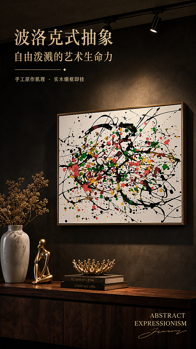 [第1张] 详情页头图-yh44050hj002抽象泼洒艺术装饰画主视觉海报。本张使用【图1】作为商品主体。
[氛围/风格] 高端奢华艺术画廊氛围，暗调高级感，商业摄影质感，强调画作的艺术价值与空间格调。
[元素布局] 装饰画挂于深灰色艺术展墙中央偏右，占比约55%-60%；左侧留高端标题区，下方为深棕色木质展柜台面，台面上摆放金色艺术摆件、白色陶瓷花瓶与干花装饰；画作保持原图的白底泼洒抽象风格，黑色线条、红色绿色黄色斑点与颜料堆叠肌理完全一致，实木内框边缘整洁；背景墙有柔和的射灯光束聚焦画作。
[光影质感] 上方轨道射灯聚光照明，画作表面有清晰的颜料肌理高光，下方柔和环境光补光，整体明暗层次丰富，暗调奢华。
[配色色系] 全局底色 #2A2A2A 深灰黑；主色画作白底+黑线条；辅助色金色装饰、深棕木色、红绿黄点缀色。
[视角构图] 正面微仰视，画作为视觉中心，阅读动线左上标题 → 中央画作 → 底部氛围道具。
[文字版式] 版式为左上标题区 + 右侧画作 + 底部氛围。主标题「波洛克式抽象」，副标题「自由泼溅的艺术生命力」，衬线字体金色烫金质感；标题下方小字「手工原作肌理 · 实木绷框即挂」；右下角艺术感英文装饰「ABSTRACT EXPRESSIONISM」；文字不遮挡画作主体。
[比例分辨率] 9:16 竖版比例，2K分辨率，文字清晰可辨，高清画质。
[负向提示词] 画作变形，颜色偏差，肌理丢失，水印，文字错乱，产品图模糊，背景杂乱，缺件错件。