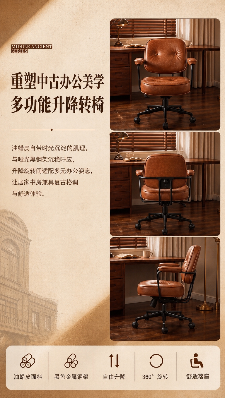 [商品] 使用【图3】棕色基础款电脑椅，保留油蜡皮复古质感、哑… - 图片创意预览