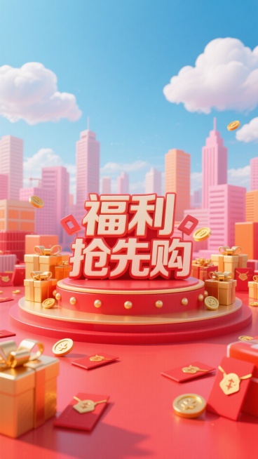 带有红色装饰的圆形展台上，展台上有字“福利抢先购”周围有金色礼盒，点缀红包、金币等元素，背景天空、云朵，城市建筑群在后方若隐若现，大量红色搭配粉、橙、蓝为主色调，红色地面，促销氛围预览效果