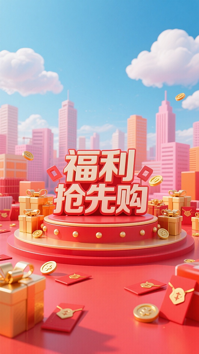 喜庆感十足的3D风海报，大字“福利抢先购”采用软3D与塑料质感结合，鎏金元素点缀，红包礼盒环绕，营造节日狂欢氛围。