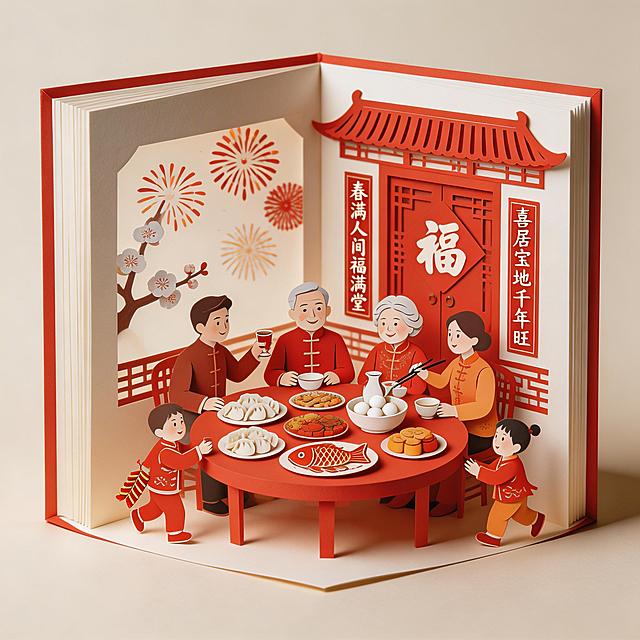 新中式剪纸艺术风格，3D立体书展开效果，核心场景为阖家团圆的年夜饭。整体色调明亮欢快，以朱红、暖橙、米白为主。立体书内雕刻出中式四合院的堂屋，一张大圆桌摆满了剪纸风格的丰盛菜肴，如鱼、饺子、汤圆和各色点心。一家人围坐桌旁，剪纸小人姿态各异，有的举杯共饮，有的为长辈夹菜，还有孩童在旁嬉戏。背景是贴着福字和春联的门窗，窗外是剪纸梅花和绽放的烟花。整体光影柔和，剪纸边缘锐利，充满温馨热闹的年味儿，8K高清。