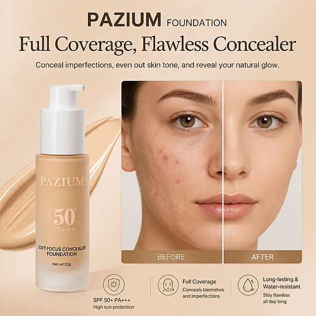 亚马逊电商主图，PAZIUM 遮瑕防晒粉底液，卖点："Full Coverage, Flawless Concealer"，简约大气高级设计感，英文文案图文结合，干净浅棕色背景，展示产品遮盖痘印斑点效果对比，画面清晰有设计感