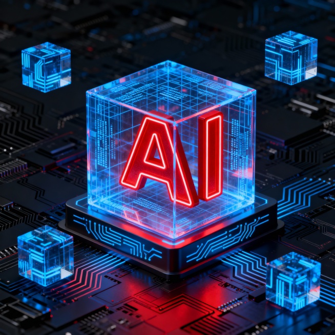 以深色电路板纹理为背景，搭配蓝红霓虹光效，营造出赛博朋克风格的科技氛围；画面核心是一个由蓝色科技发光线条构成的网格与代码纹理组成的透明立方体；立方体内部悬浮着醒目的红色 “AI” 字样，“AI”字体边预览效果