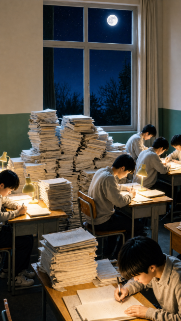 基于原图，优化画质更清晰真实，增强细节，让人物和教室场景更贴近真实高中晚自习生活，保留构图和明亮氛围，提升画质清晰度和真实感预览效果