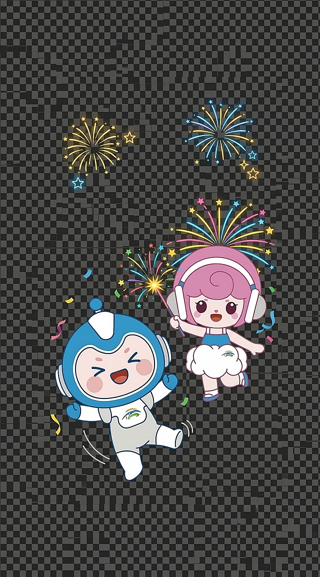 以2026跨年为主题，男娃娃跳舞动作，女娃娃放烟花，变形相关动作，导出格式为9：16的PNG透明底格式，不需要背景