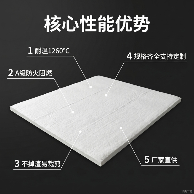 [主图 2] 硅酸铝针刺毯核心性能亮点展示。[氛围风格] 专业工业风，风格光影配色与主图1统一。[画质] 商业摄影质感、光线清晰通透、产品清晰真实、画面干净高级。[元素] 硅酸铝针刺毯成品放置画面中央预览效果