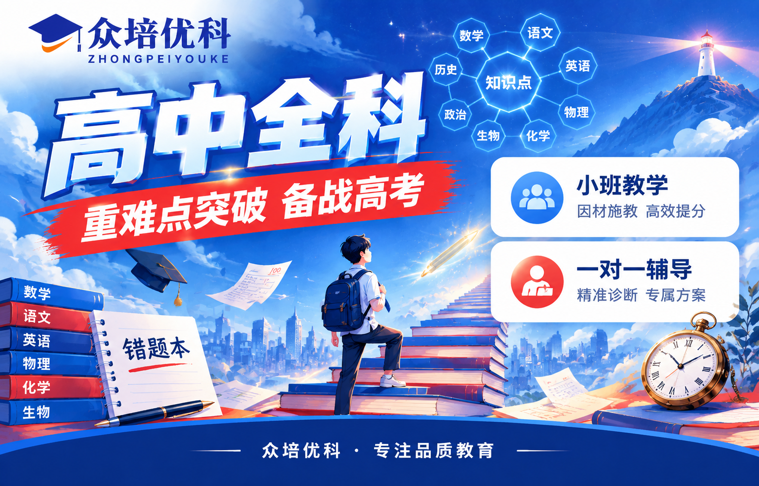 重新生成一张高中全科辅导招生海报，保留参考图的版式骨架与蓝红主… - 图片创意预览