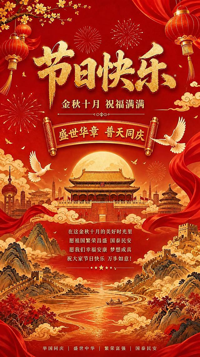删除底部的4个二维码占位方块及其下方的'官方公众号''官方视频号''官方抖音号''官方小红书号'文字，将底部区域用下方的山河长城、红绸、祥云等背景元素自然延伸填充，保持画面整体风格一致，红金配色，国风新中式工笔风格，喜庆庄重氛围。底部最下方的'举国同庆 | 盛世中华 | 繁荣富强 | 国泰民安'文字保留并适当上移，与整体画面协调。其余画面元素保持不变。