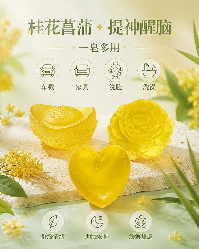 「图片1」根据文案生成一张手工皂的海报，图片尺寸1440*1824像素：主标题：桂花菖蒲 · 提神醒脑
副标题:一皂多用
中间：图标：车载+家具+洗脸+洗澡
底部图标：舒缓情绪；助眠安神；缓解焦虑；