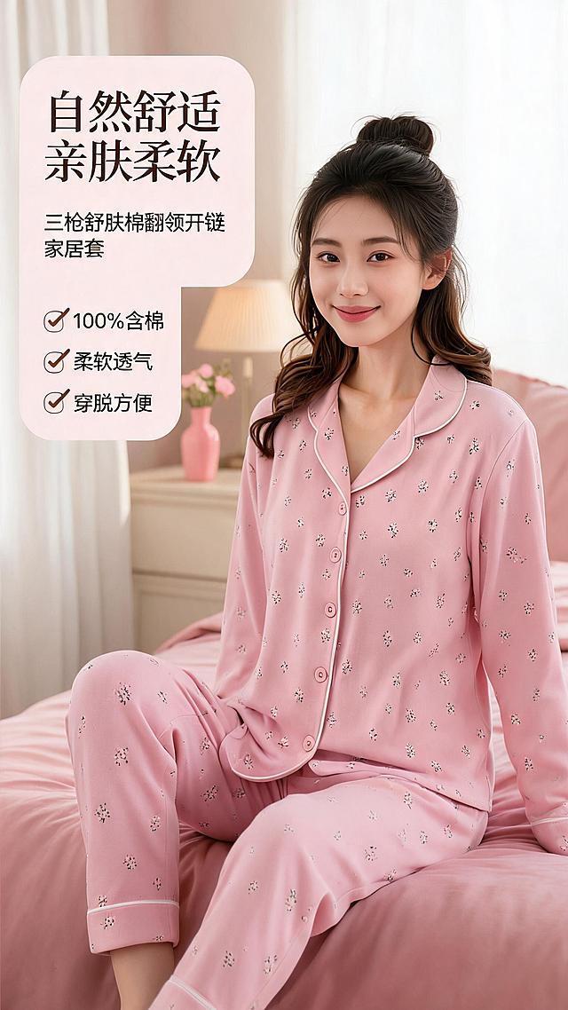 [商品] 使用【图3】【图4】粉色碎花翻领开襟女家居套装；商品处理：保留翻领、开襟纽扣、白色滚边、小碎花图案、长袖上衣+长裤套装结构、粉色主色、棉质面料；自然去除衣身和裤身的杂乱褶皱与压痕，理顺垂坠，增强棉质面料纹理、缝线、纽扣质感，不改变版型和结构。
[画面] 目标：居家温馨风格头图海报，展示套装全貌与舒适氛围。构图：左文右图，亚洲年轻女性模特坐在温馨卧室的粉色床品上，自然微笑看向镜头，上身完整展示粉色碎花家居套装（上衣+长裤），姿态放松自然。产品占画面约65%，前景柔软床品、中景模特、后景虚化的窗帘、花瓶、床头柜与暖光台灯。阅读动线从左上标题到右侧人物主体。
[视觉] 套系策略：风格=温馨柔和简约高级商业摄影；标题字=柔美衬线粗体；正文字=简洁无衬线体；主色=柔粉色；背景延展=基于柔粉色做深浅层级、同色渐变和细腻织物/纸张质感；强调色=奶白色，仅用于小面积图标、引线和标签；标题色=深暖棕；正文色=中暖灰；组件=圆角浅底信息卡、细线引线；光影=左前侧暖柔光，柔和自然。
[文字] 左上留白放主标题"自然舒适 亲肤柔软"，副标题"三枪舒肤棉翻领开襟家居套"，下方3个短卖点：100%含棉 / 柔软透气 / 穿脱方便。文字不遮挡服装主体、领口和纽扣。
[规格] 图片比例9:16竖版，2K分辨率，避免变形、错字、文字过小、冷蓝/蓝灰背景、衣服颜色改变、版型失真、抗菌/抑菌/除湿/发热/蓄热等功能性词汇。