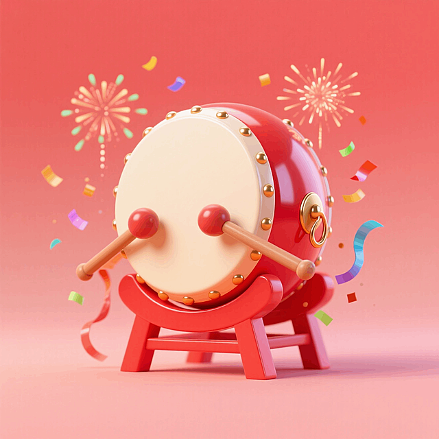 一个中式红色锣鼓，正视图，两只棒槌，漂浮着小彩带、小烟花等元素，喜庆氛围，淡红色渐变背景