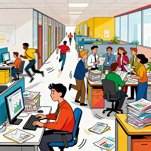 AI卡通风格，职场快节奏办公场景，一部分人在敲击键盘，一部分人在交谈讨论，办公桌上堆满了报表和数据文件，还有职场人在走廊奔跑，整体氛围非常忙碌紧凑，色彩明快