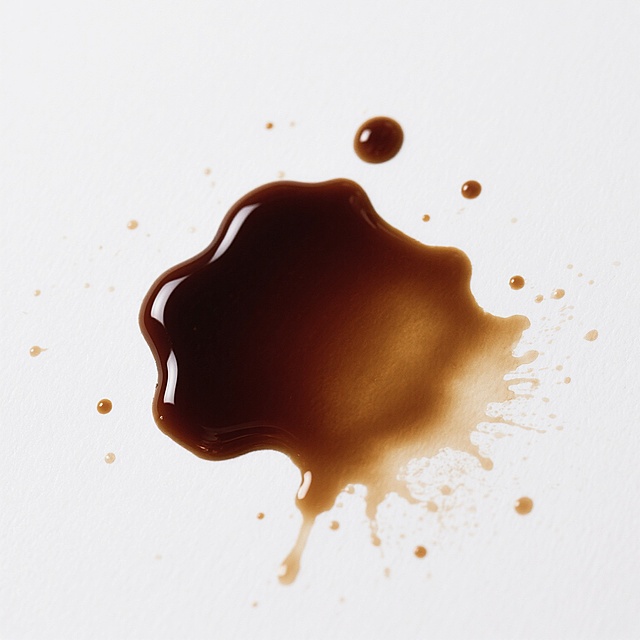 一张白色背景上的污渍特写照片，主体是一大块不规则形状的深棕色油渍，边缘呈现自然晕染的渐变效果，表面有细微的光泽反射，周围散布着大小不一的小油滴和浅棕色的晕染痕迹，整体具有清晰的液体流动质感和真实的摄影光影效果，污渍形态自然且具有随机性。