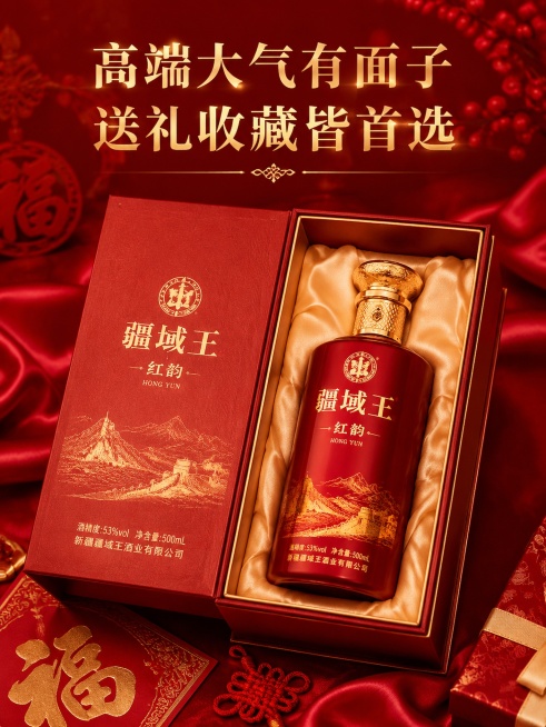 [第11屏] 礼赠场景展示，突出疆域王红韵酒高端大气，适合送礼收藏的定位。
[氛围/风格] 高端节日礼赠氛围，红金配色，喜庆高级质感
[元素布局] 疆域王红韵酒放置在打开的红色礼盒中，周围点缀绸缎和福预览效果