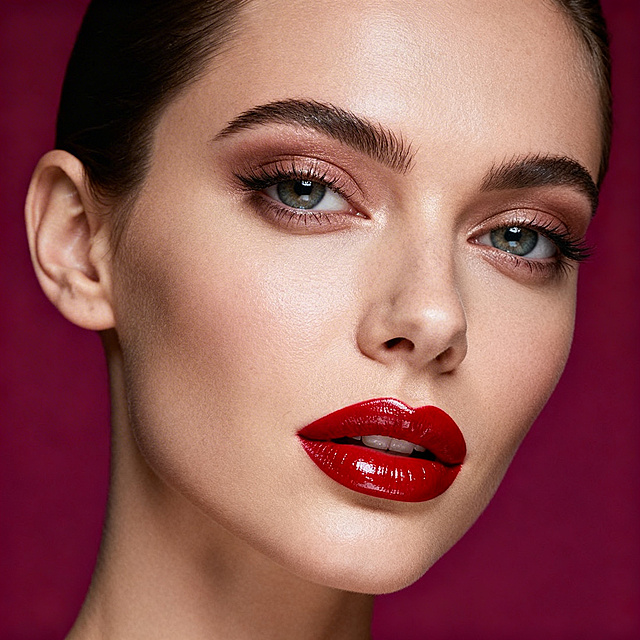 1500×1500像素正方形，商业摄影风格，欧美美女面部特写，白皙皮肤，精致立体五官，高级感妆容，饱满水润大红唇，眼神魅惑勾人，柔和专业影棚打光，简约暗紫红色背景，高端时尚氛围感，不露骨，完全符合平台规范，超高清8K分辨率，对焦清晰，专业精修质感