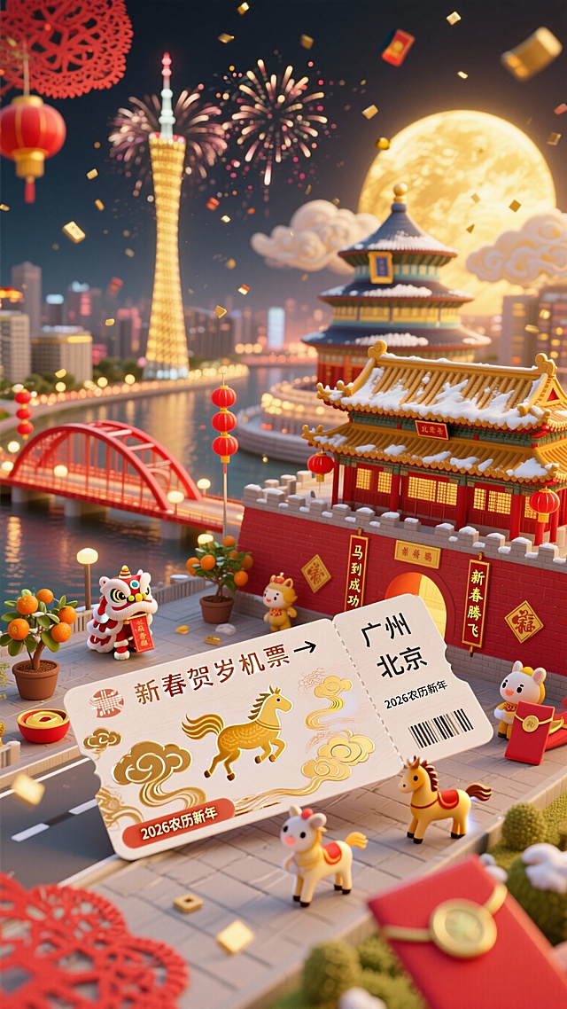 3D微缩艺术风融合国潮与剪纸元素，鎏金马年主题机票跃动于梦幻夜景中，喜庆卡通造型与烟花、红灯笼交织，呈现新春团圆的节日氛围。