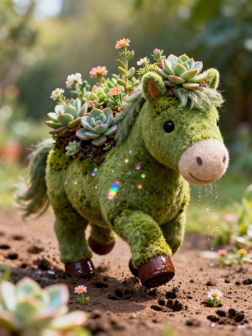 一匹矮胖的、苔藓绿色毛绒小马，背上自然生长着多肉植物和小花，像一座移动的迷你花园。它的蹄子是湿润的深棕色泥土质感，走过之处会留下小小的花朵脚印。浇水时不用水壶，而是快乐地抖动身体，从绒毛中洒出闪烁着彩预览效果