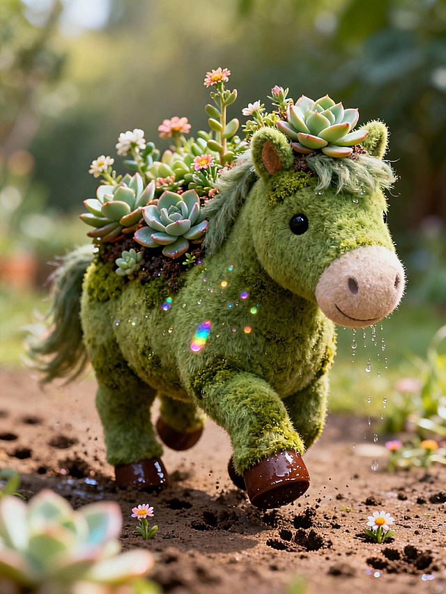 软3D风毛绒小马，背负多肉植物，拟人化设计，毛发生长感与梦幻光斑交织，清新自然，充满童话童趣。