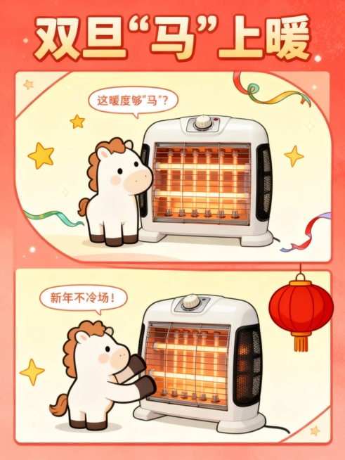 异形两格漫画分镜，上方主标题艺术字“双旦‘马’上暖”，第一格是一只卡通小马在图示产品旁边，周围搭配星星、彩带等装饰元素和“这暖度够‘马’？”气泡文案，第二格是一只卡通小马两只马蹄向图示产品取暖，旁边搭预览效果