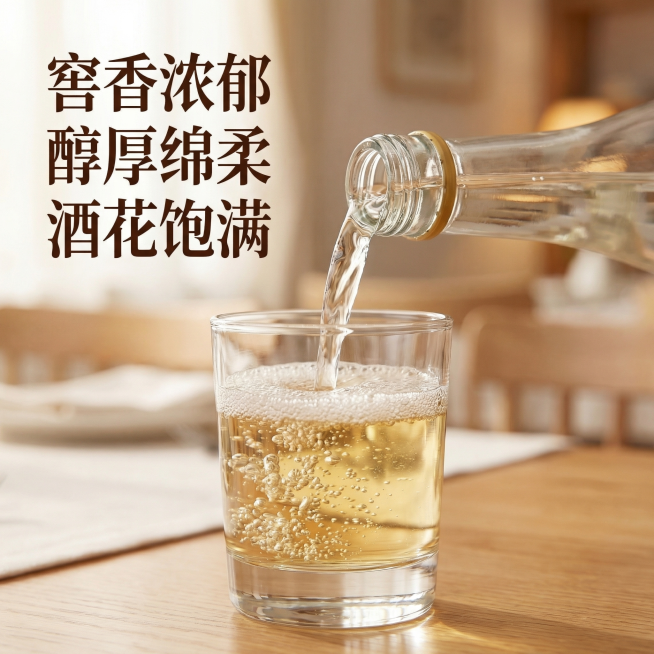 [主图 3] 酒花细节特写主图
[氛围/风格] 微距特写质感，专业品酒质感
[画面元素] 商业摄影质感、光线柔和通透、产品清晰真实、画面干净高级。保持原瓶外形与标签设计不变，特写展示倒酒入杯的瞬间，突预览效果