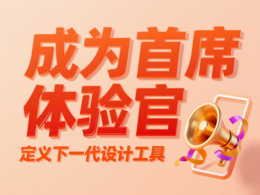 主标题为“成为首席 体验官”，字体大小不一，副标题为“定义下一代设计工具”，右下角一个金色喇叭和环绕彩带装饰在文本框边上，橙红配色，背景为淡橙色预览效果