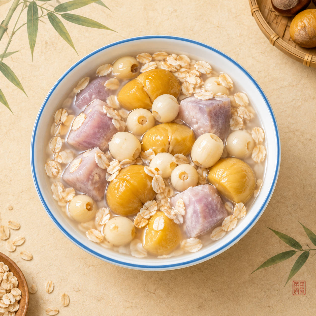 一碗精致的中式糖水甜品——燕麦莲子板栗芋头满贯，燕麦、乳白色莲… - 图片创意预览