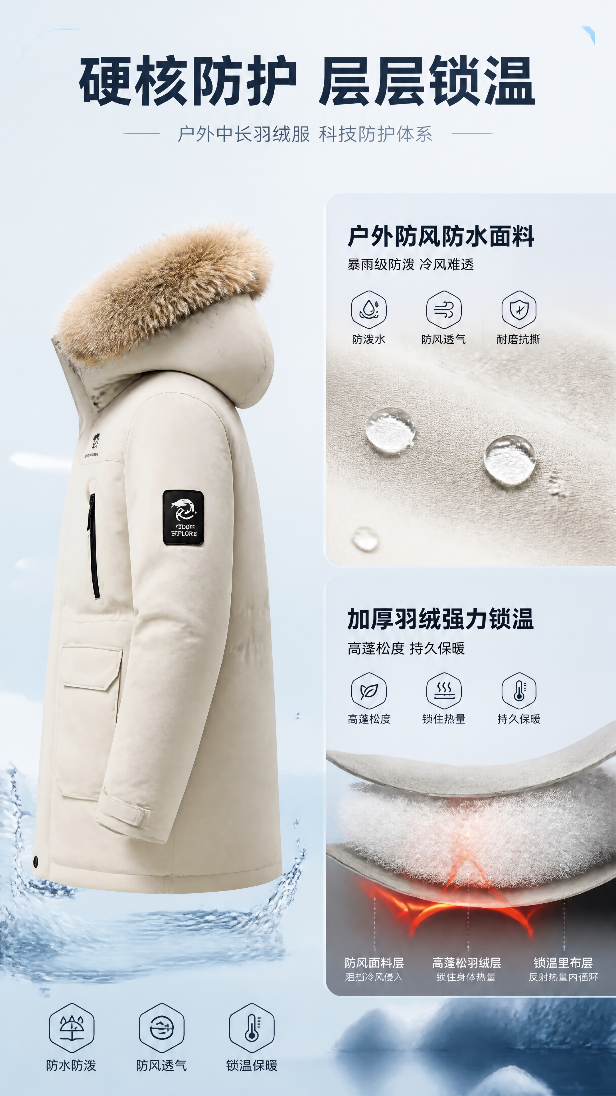 [第2张] 详情页功能卖点页-连帽户外中长羽绒服防风防水面料与… - 图片创意预览