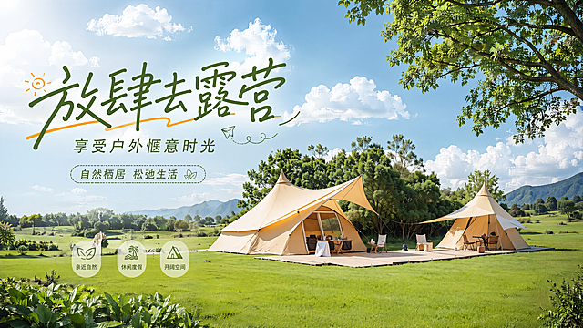 户外露营海报，基于原图的帐篷草地场景进行设计，保留原图的帐篷和自然景观，保持场景真实自然。主标题"放肆去露营"，副标题"享受户外惬意时光"，装饰文案"自然栖居 松弛生活"，卖点标签：亲近自然、休闲度假、开阔空间。版式精美，画面比例16:9，清新自然写实风格，顶部自然光，色调清新明快，文字不遮挡主体帐篷，层级清晰，留白合理，整体氛围轻松治愈，符合露营休闲主题。