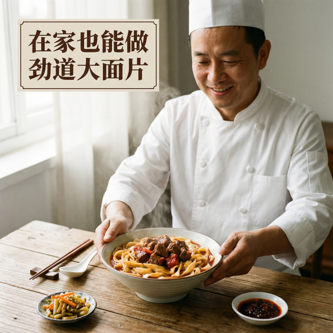 [主图 4 场景与体验] 刀削面成品食用场景主图，传统质朴风格，一碗煮好的刀削面摆放在中式餐桌上，搭配红烧牛肉浇头，汤汁浓郁，宽厚的面条裹满酱汁，一位亚洲中年男性厨师穿着白色厨师服端着碗展示，自然抓拍预览效果