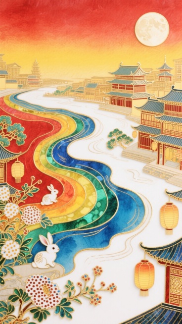 工笔画加喷墨，波浪形状展现，颜色水彩晕染、喷洒效果，点彩，俯视角度，颜色主要为红黄色渐变为主，小面积点缀蓝、绿，波浪边缘上叠加一些小小的工笔线描的古风中秋景象；一轮圆月、闹市楼阁、灯笼、玉兔、点彩式植预览效果
