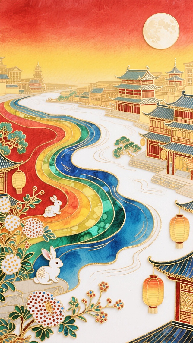 七彩河流蜿蜒穿过古雅城郭，白兔、花灯、繁花点缀，传统与梦幻交融，如中秋夜流淌的诗意长卷