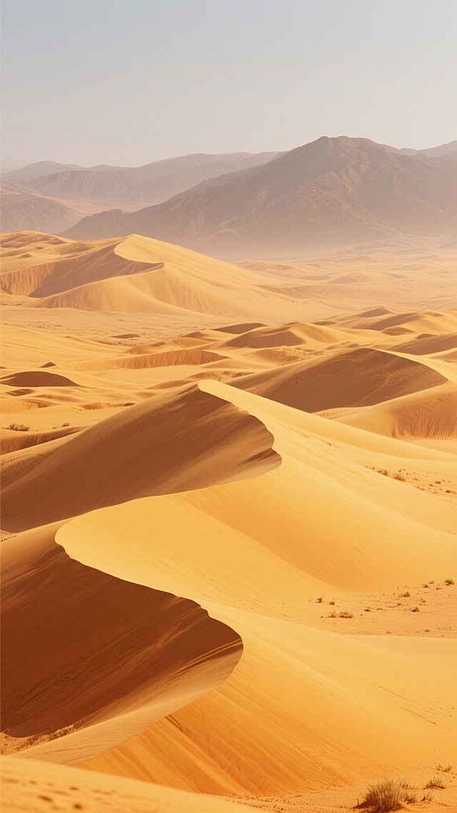 沙漠背景，以黄色和橙色为主色调，沙丘连绵起伏，远处有模糊的山脉轮廓，呈现出写意风格，营造出丝绸之路的悠远意境。