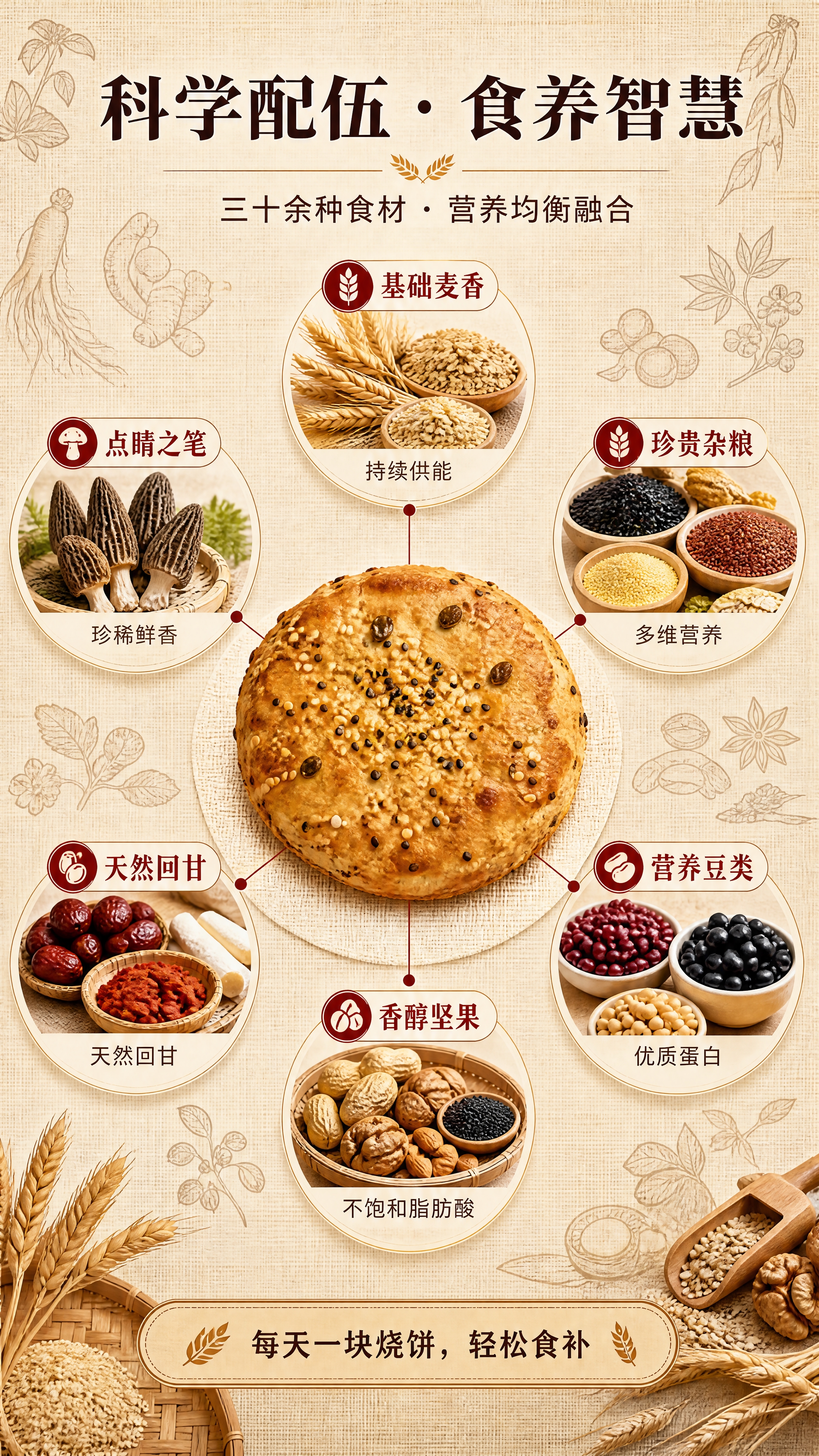 [商品] 三十谷杂粮烧饼的六大类食材科学配伍示意图。 [画面]… - 图片创意预览