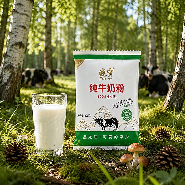 纯牛奶粉袋装产品放置在森林边缘的草地上，背景是茂密的白桦林，阳光透过树叶洒下斑驳光影，林间有几头奶牛在树荫下休息。产品旁边放一只透明玻璃杯盛满新鲜牛奶，杯壁有水珠。草地上散落着松果和小蘑菇。整体氛围清新自然，森林牧场感。**保持奶粉袋外观（绿色顶部、白色主体、金色晓雪Logo、红色纯牛奶粉字样、100%生牛乳文字、黑白奶牛图案、绿色底部、所有文字信息）与输入产品图完全一致，杜绝任何变形和色差**。产品平稳放置，光影自然，无悬浮感。画面中不要出现任何文字、标语、卖点文案、Logo（产品包装本身的文字Logo保留）。商业摄影质感，超高清。1:1比例。