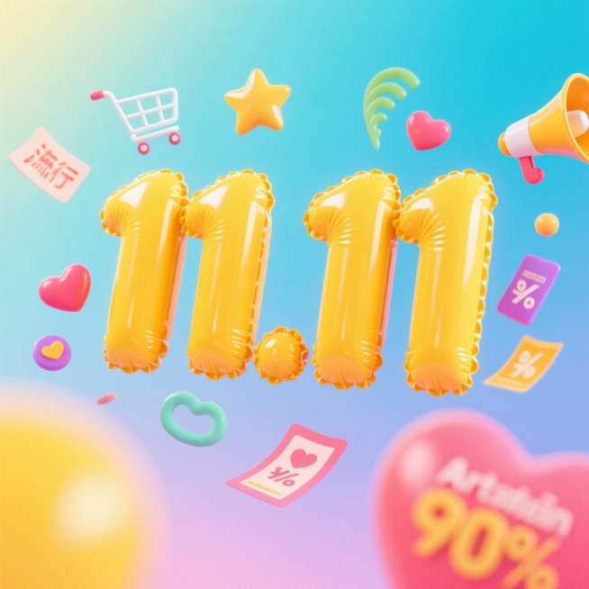 画面视觉中心为大号黄色立体数字 “11.11”，周围环绕漂浮着彩色促销元素装饰（购物车、星星、喇叭、爱心、优惠券等），背景为明亮渐变。预览效果