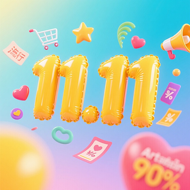 画面视觉中心为大号黄色立体数字 “11.11”，周围环绕漂浮着彩色促销元素装饰（购物车、星星、喇叭、爱心、优惠券等），背景为明亮渐变。