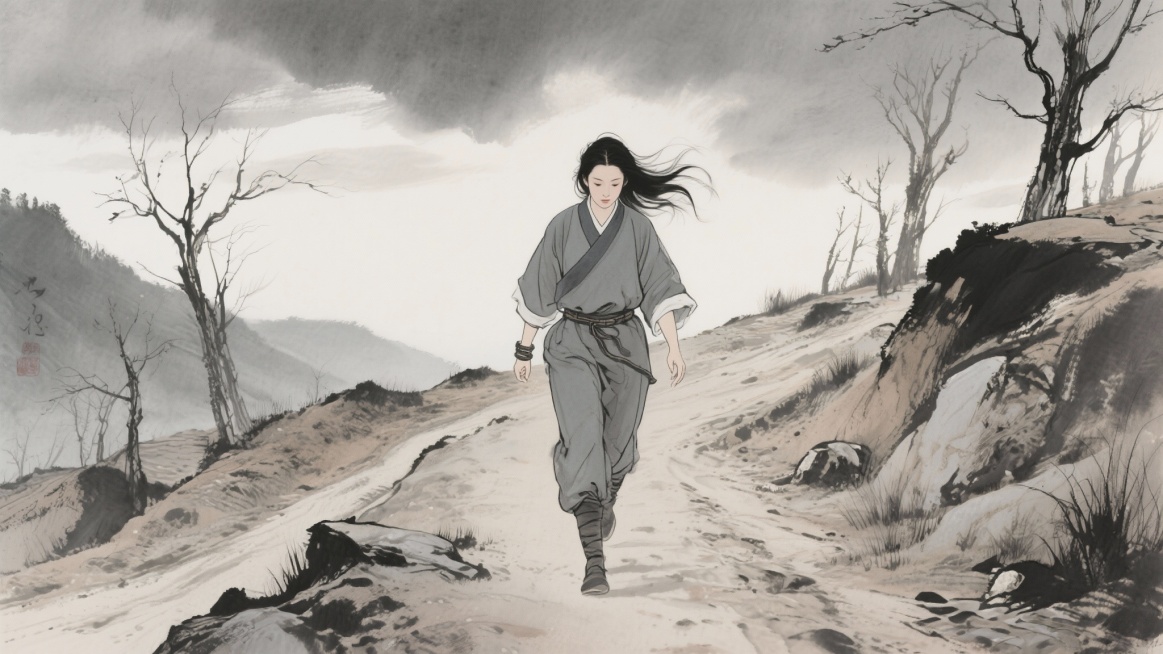 松州边境荒凉山路，薛涛身着囚服行走，风吹乱发丝预览效果